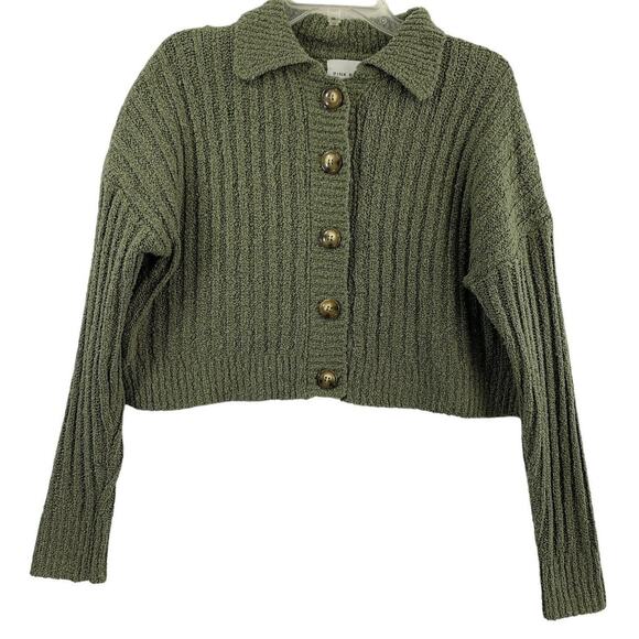Pink Rose Cardigan Sweater Womens Large Green Cropped Ribbed Knit Collared - Picture 1 of 9